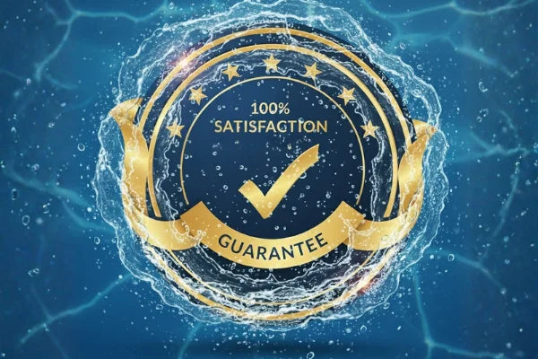 100% satisfaction guarantee emblem with water effect on a blue background