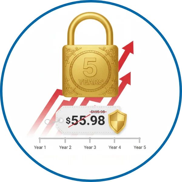 Gold lock with '5 Years' engraving and a price tag labeled $55.98 on a white background.