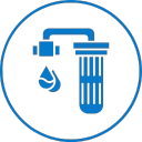 Blue icon of a water filter with a drop on a white background