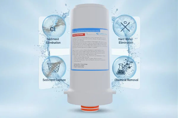 Water filter cartridge with labeled functions on a blue background