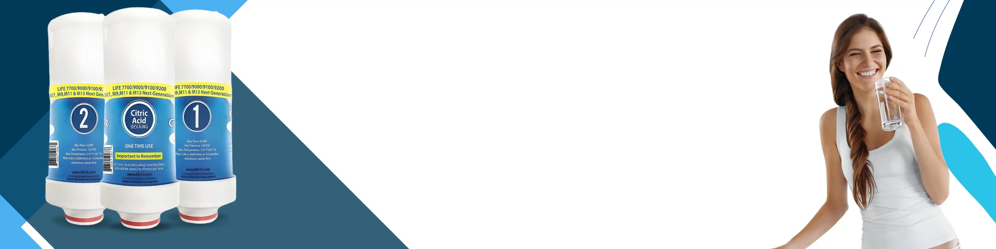 Three Filters with labels on a blue and white background, next to a woman holding a glass of water.