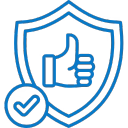 Blue icon with a shield, check mark, and thumbs up gesture on a white background