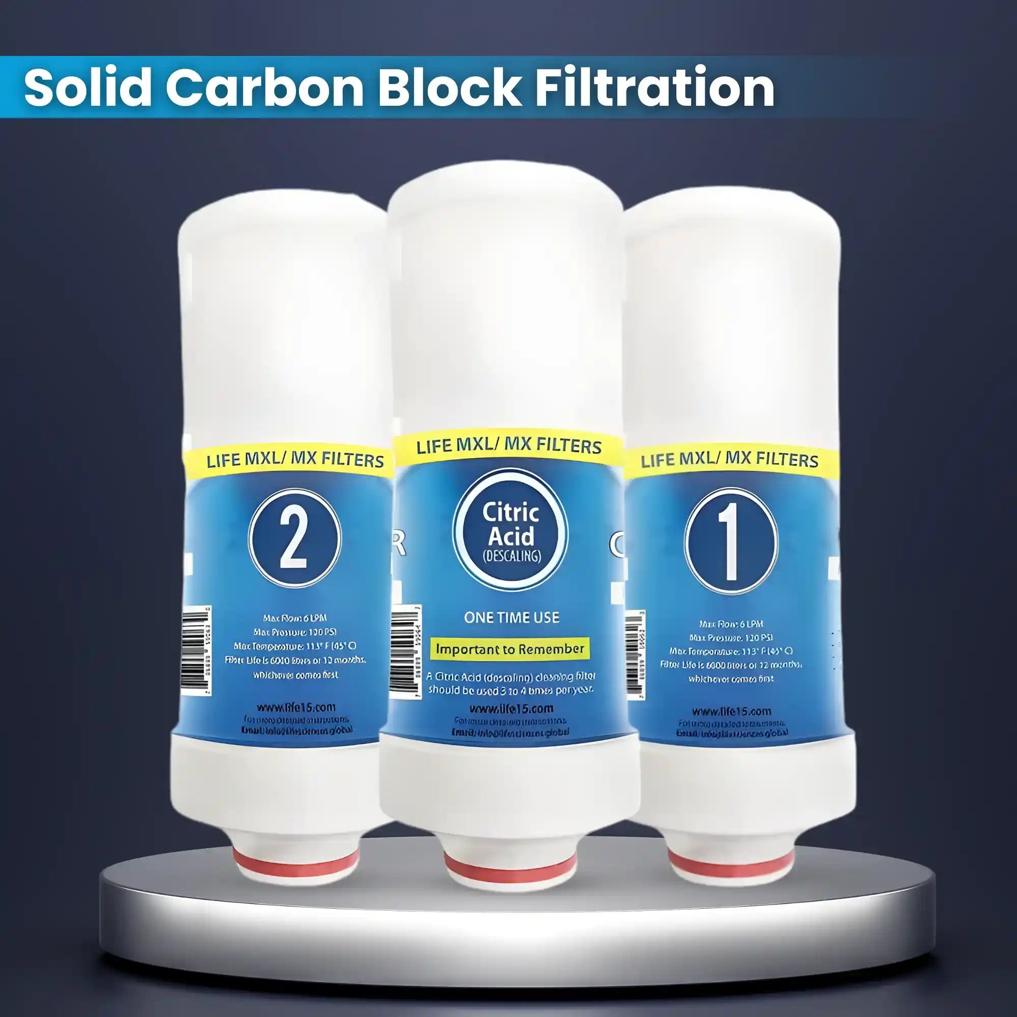 Three solid carbon block filtration filters on a stand with blue labels.