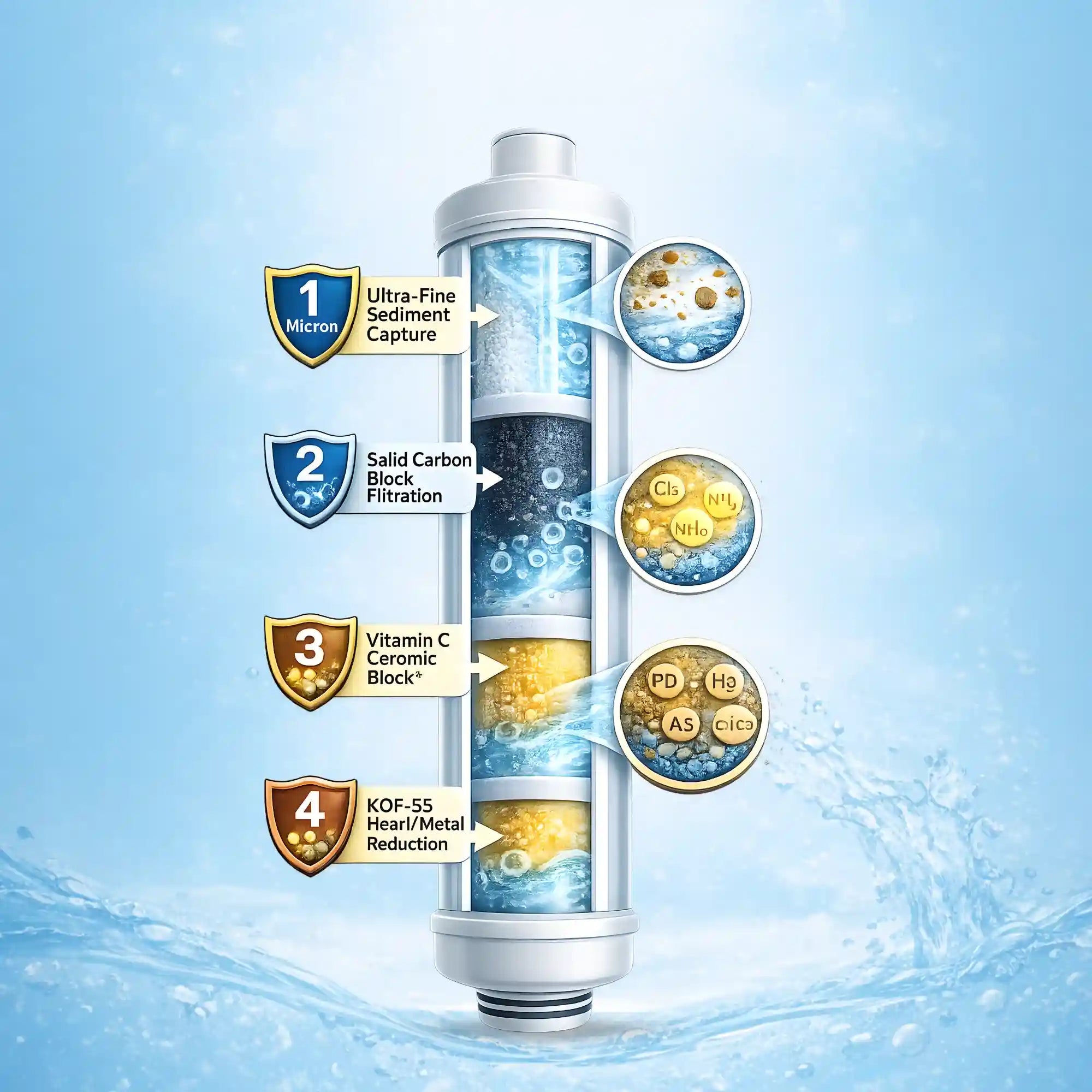 Water filter with labeled stages on a blue background