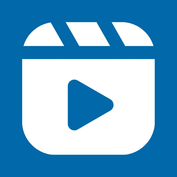 White clapperboard with play button on a blue background