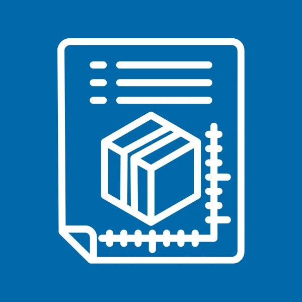 White icon of a document with a box on a blue background