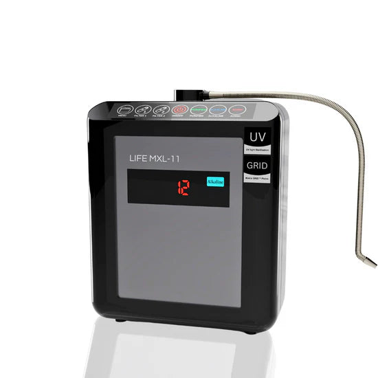 Life Ionizer MXL-11 hydrogen water machine showing premium LCD touchscreen and stainless spout