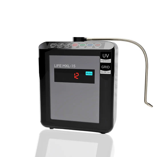 Life Ionizer MXL-15 hydrogen water machine showing premium LCD display and stainless steel finish