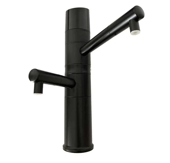 Black kitchen faucet with pull-out spray head on a white background