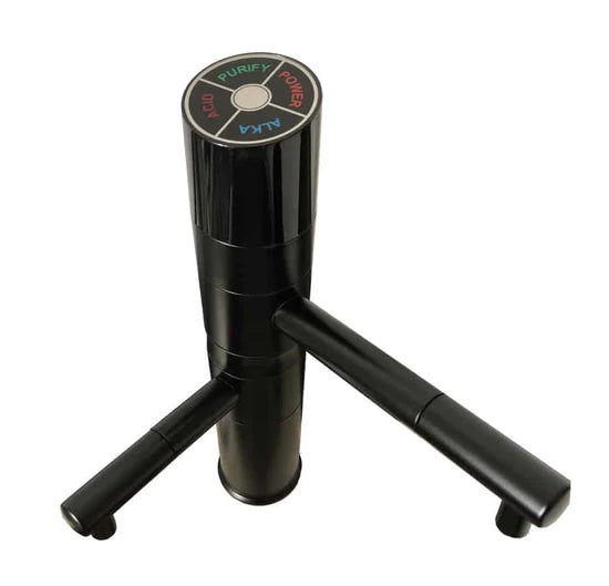 Black adjustable stand with control panel on a white background