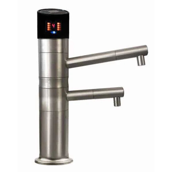 Stainless steel kitchen faucet with digital temperature display on a white background