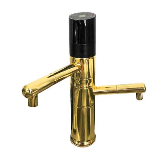 Gold and black faucet on a white background