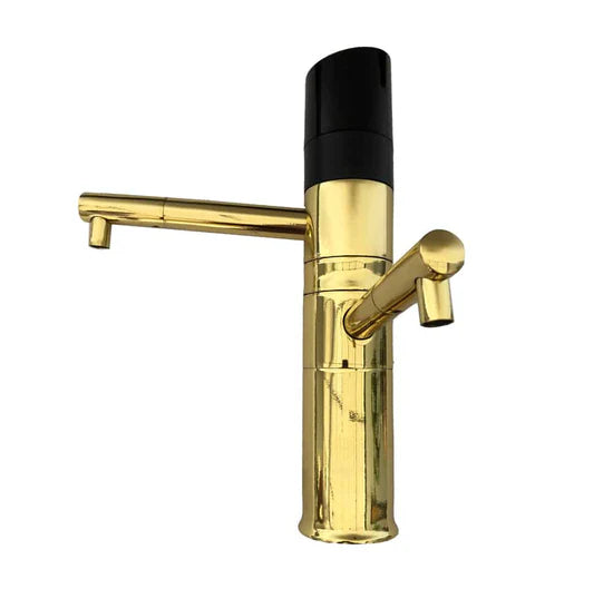 Gold kitchen faucet with black handle on a white background