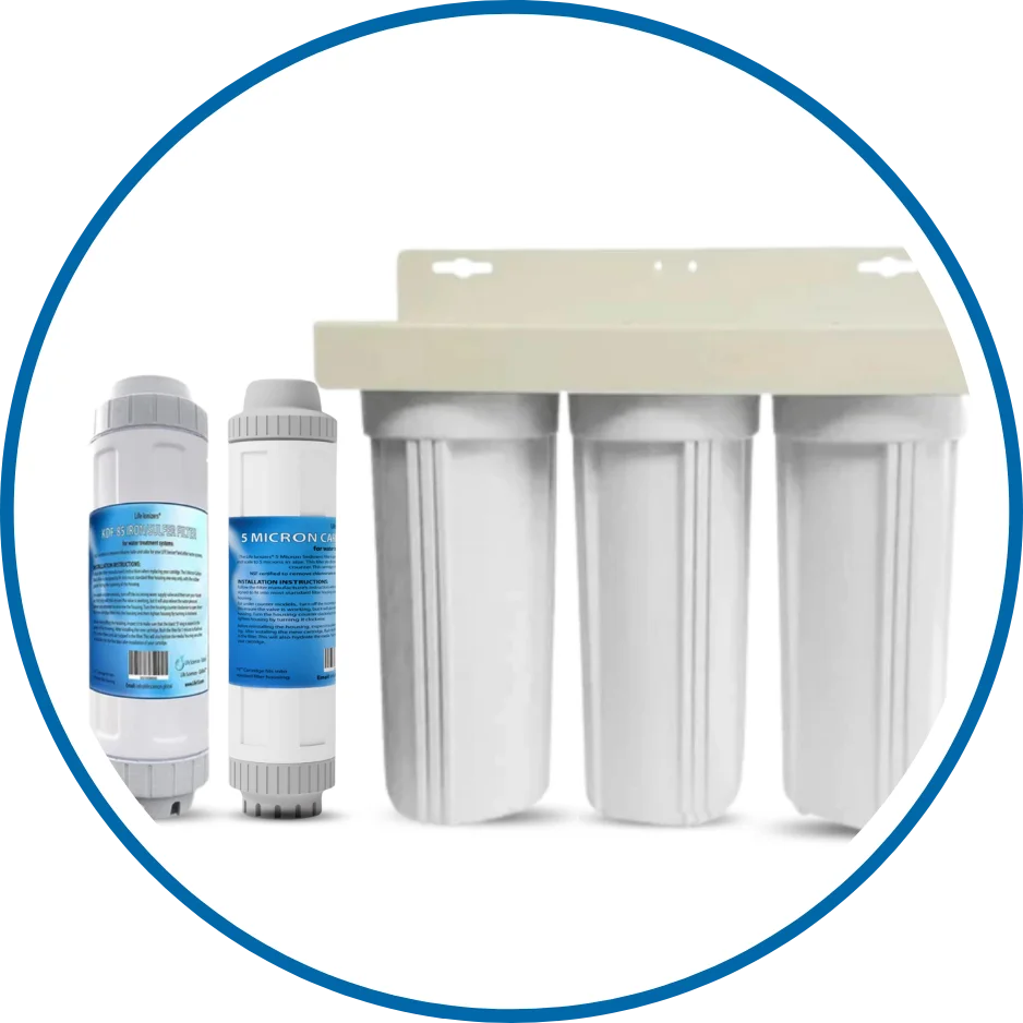 Water filtration system with cartridges on a white background