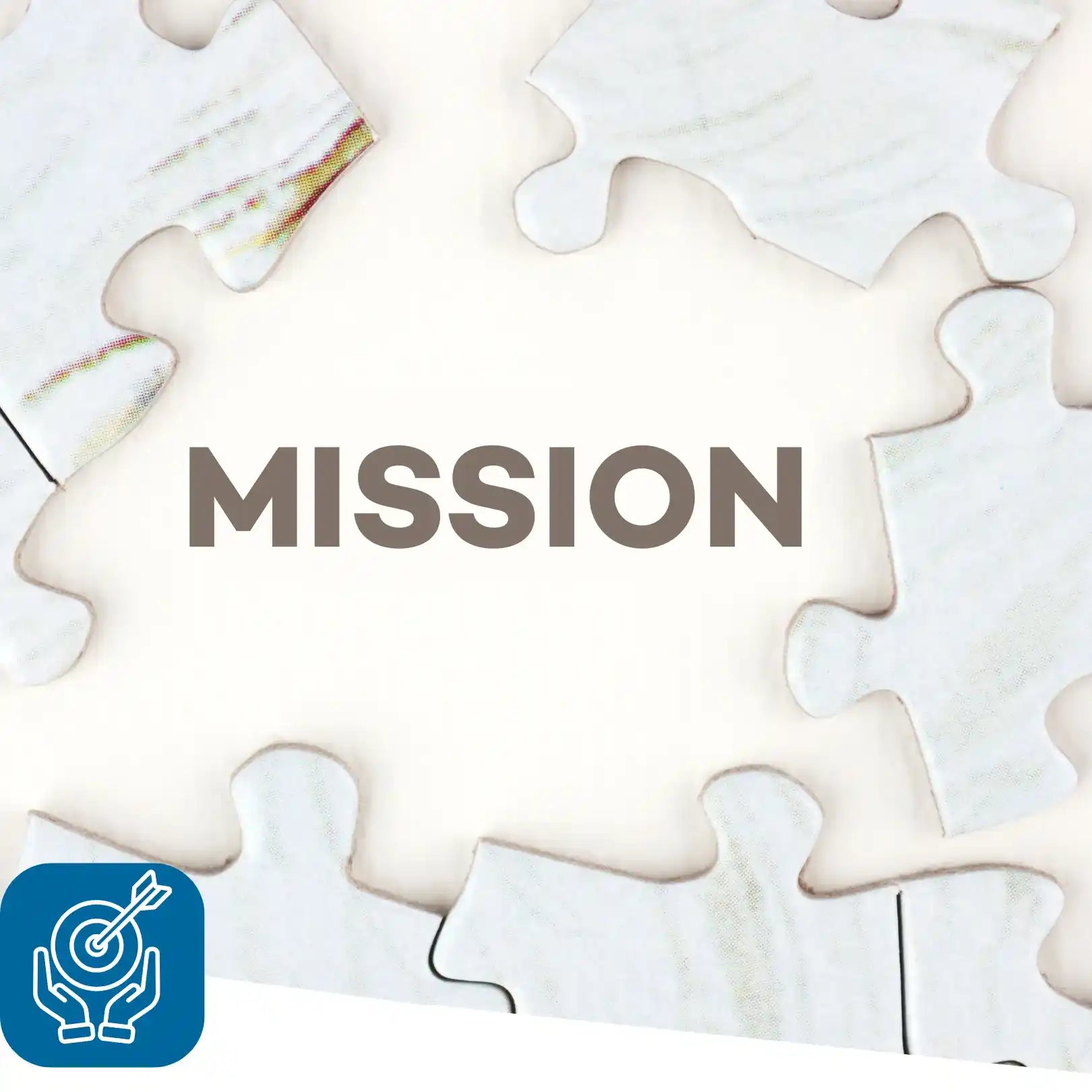 Jigsaw puzzle pieces with 'MISSION' text and a blue icon on a white background