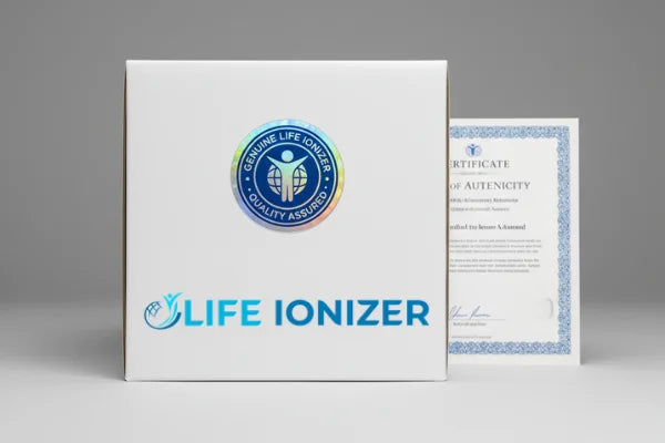 Life Ionizer packaging with a certificate of authenticity on a gray background