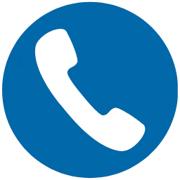 White phone icon on a blue circular background