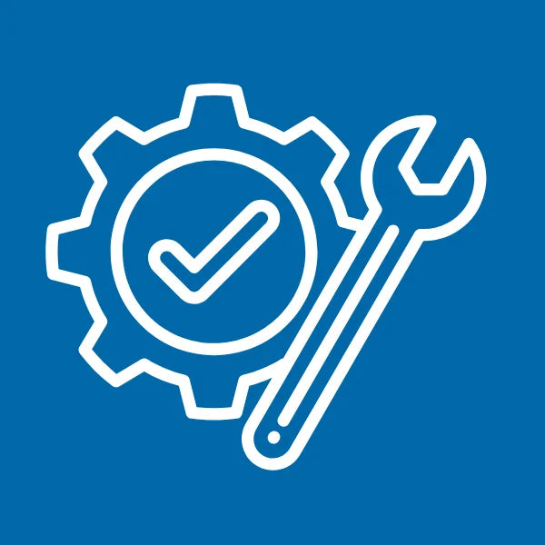 White outline of a gear, wrench, and checkmark on a blue background