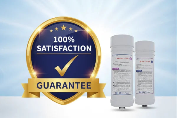 Two GLiFE filters with a 100% satisfaction guarantee badge on a light blue background