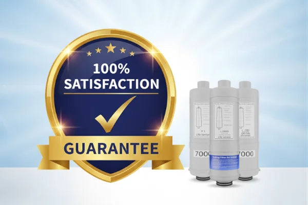 Three water filters with a 100% satisfaction guarantee badge on a light blue background