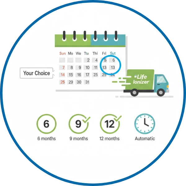 Calendar with a truck and 'Life Ionizer' branding, indicating service intervals.
