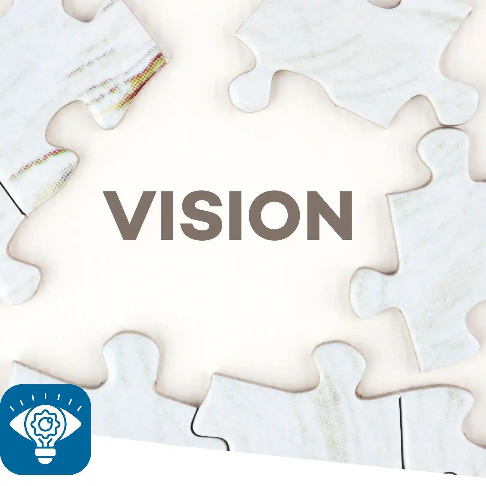 Jigsaw puzzle pieces with the word 'VISION' and a light bulb icon.
