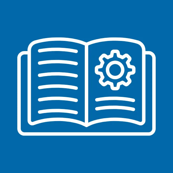 White icon of an open book with a gear on a blue background