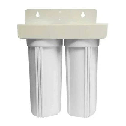 White dual filter housing with a beige mounting bracket on a white background